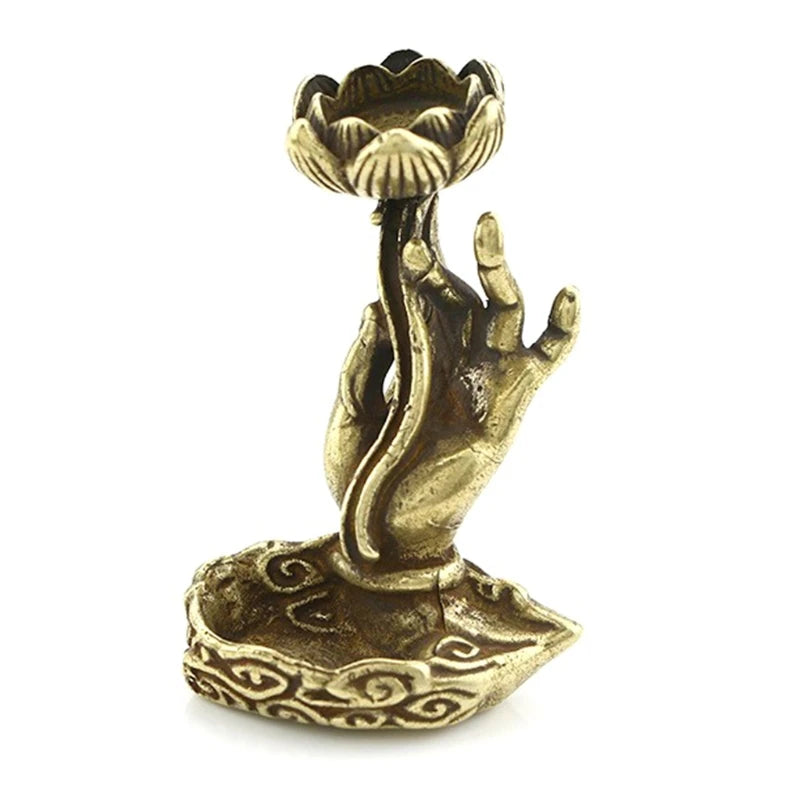 'Hand Hold' Lotus and Hand shaped Copper Backflow Incense Burner