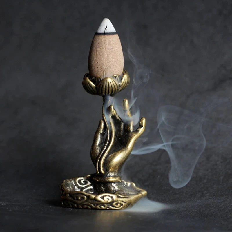 'Hand Hold' Lotus and Hand shaped Copper Backflow Incense Burner